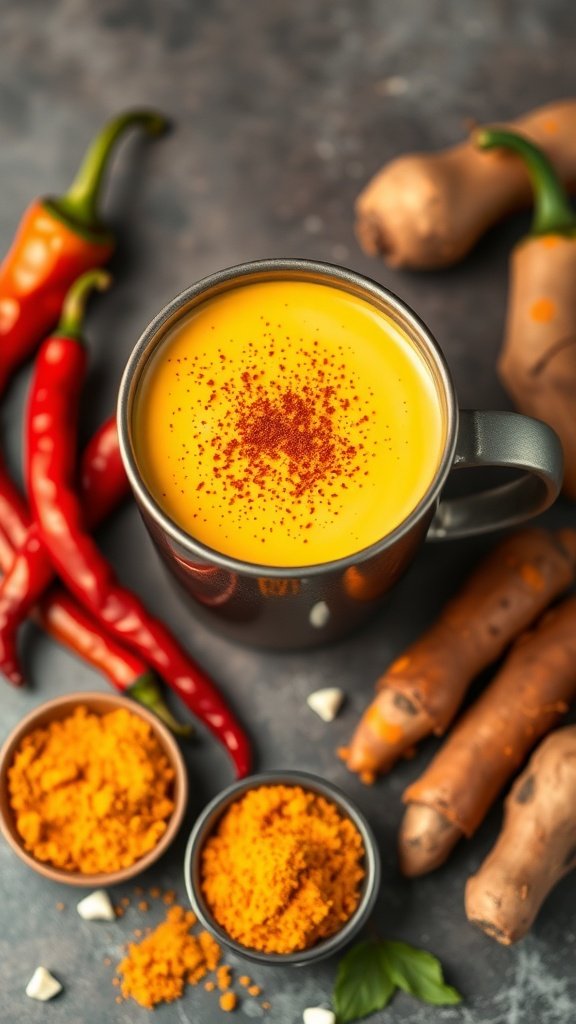 A spicy cayenne golden turmeric latte with red chili peppers and turmeric powder.