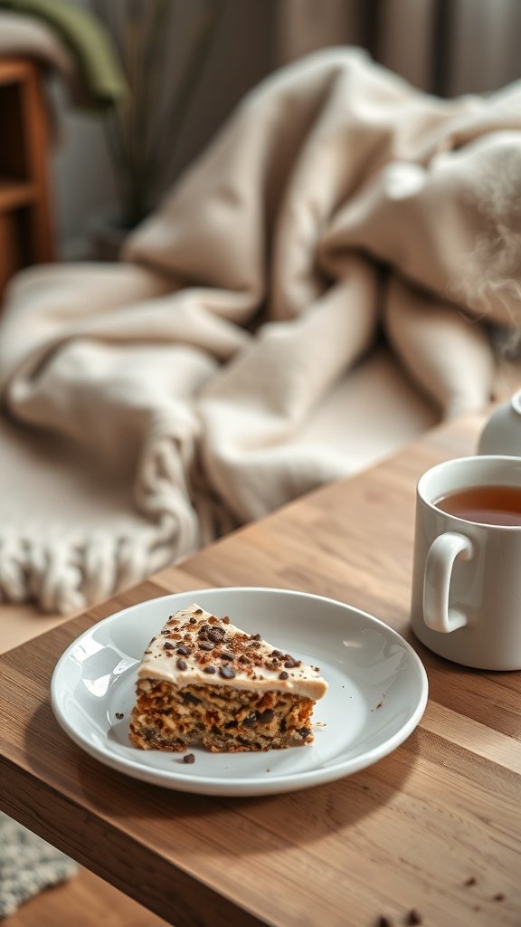 A slice of cinnamon coffee cake on a plate next to a cup of tea, with a cozy blanket in the background.