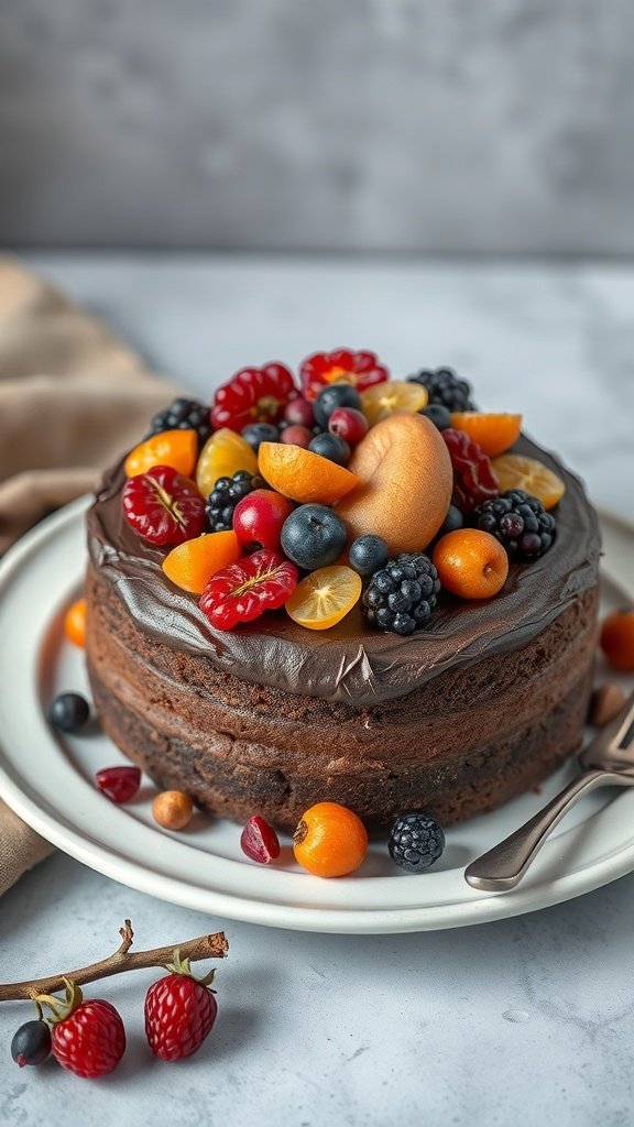Chocolate cake topped with assorted dried fruits.