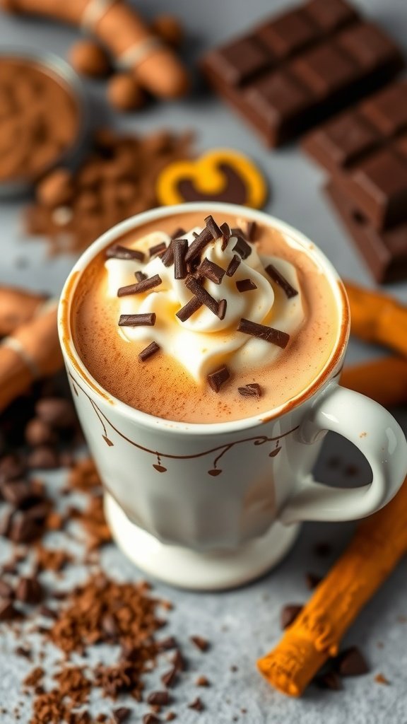 A delicious Chocolate Golden Turmeric Latte topped with whipped cream and chocolate shavings.