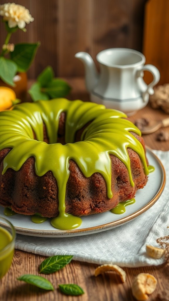 A beautifully glazed matcha green tea banana cake on a plate, surrounded by decorative elements.