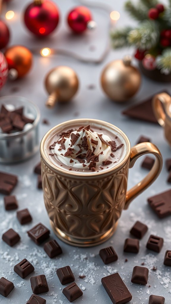 A festive chocolate eggnog latte topped with whipped cream and chocolate shavings, surrounded by holiday decorations.