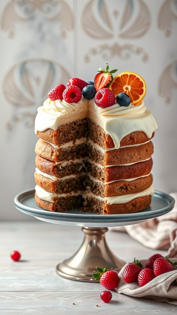A beautifully layered sour cream coffee cake with berries and orange slices on top.