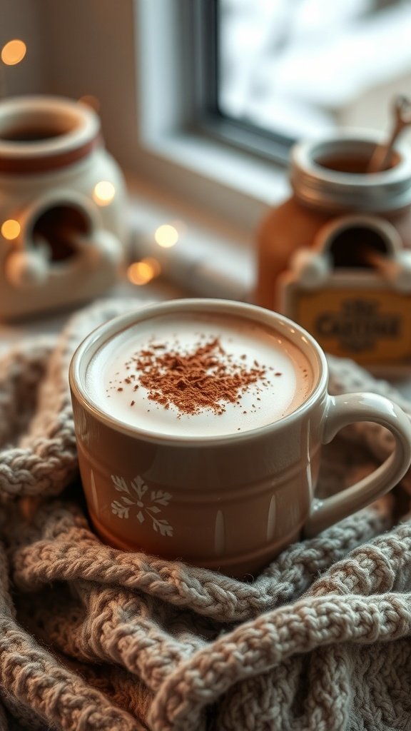 A warm cup of creamy mocha latte with cocoa powder on top, surrounded by cozy blankets and jars.