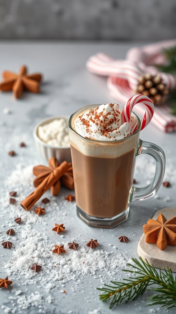 A delicious peppermint mocha topped with whipped cream and a candy cane, surrounded by winter spices.