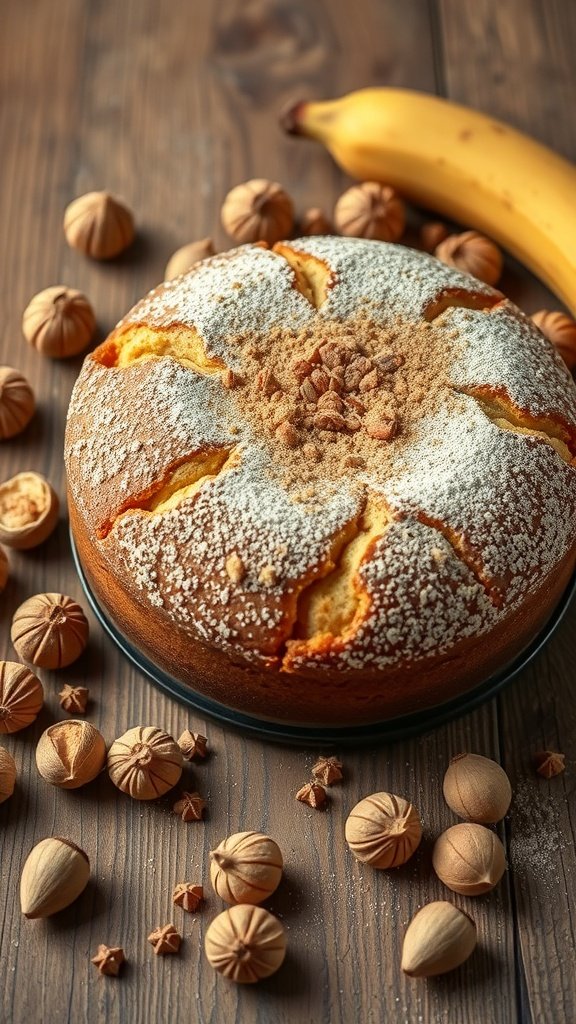 A delicious banana bread coffee cake surrounded by spices and a banana.