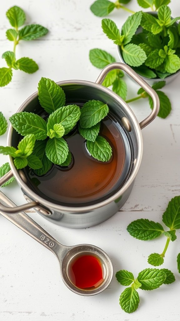 A pot with fresh mint leaves and a small measuring spoon with syrup next to it.