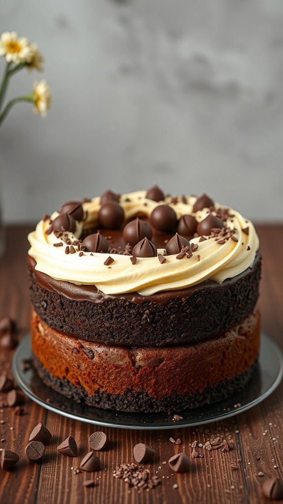 A delicious chocolate cake with vanilla bean frosting and chocolate decorations.