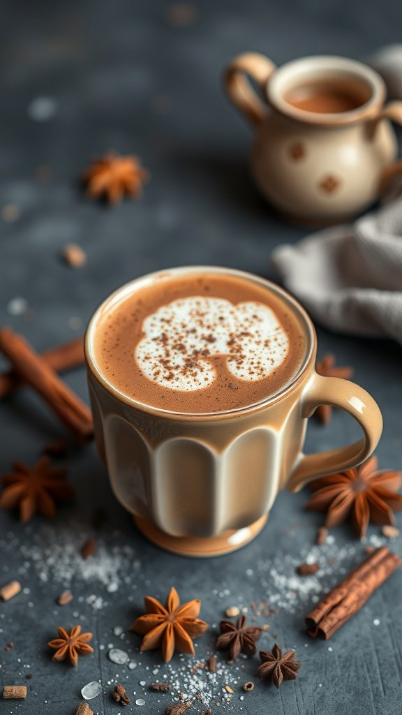 A beautifully presented chai spiced mocha latte with spices and cocoa.
