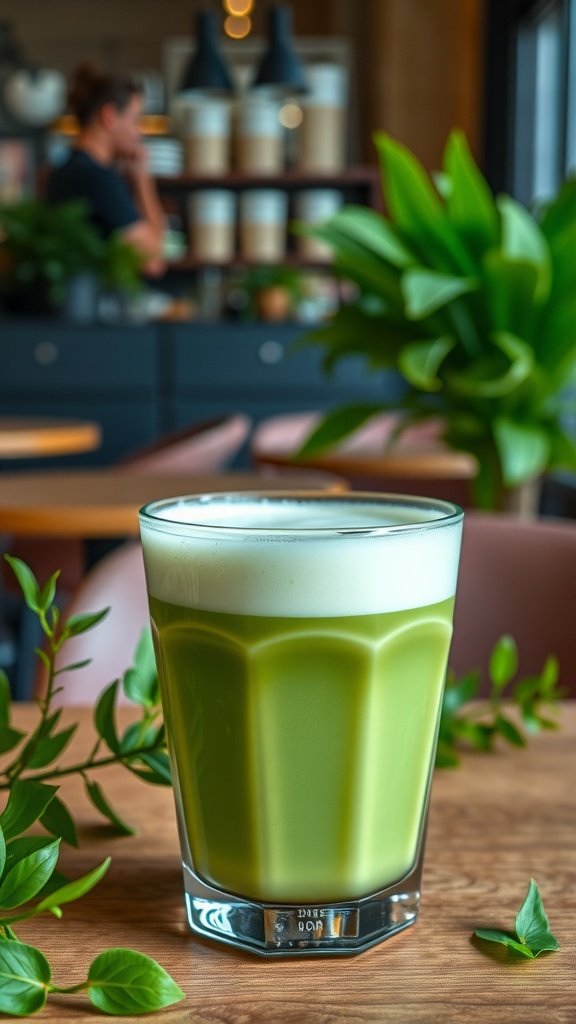 A vibrant green matcha latte with a creamy top, placed on a wooden table surrounded by greenery.