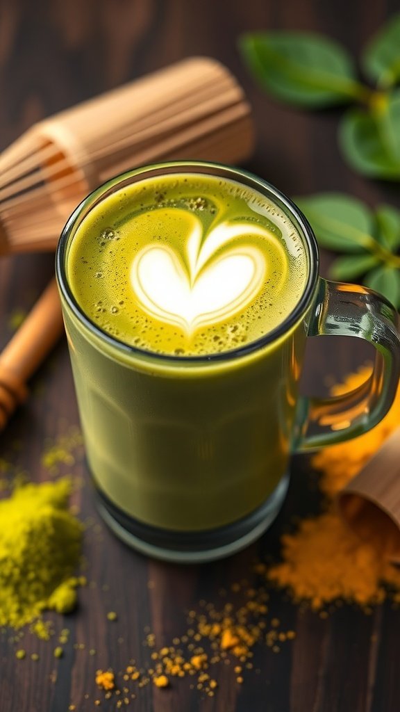 A vibrant green matcha and turmeric latte in a glass mug, garnished with a heart design on top.