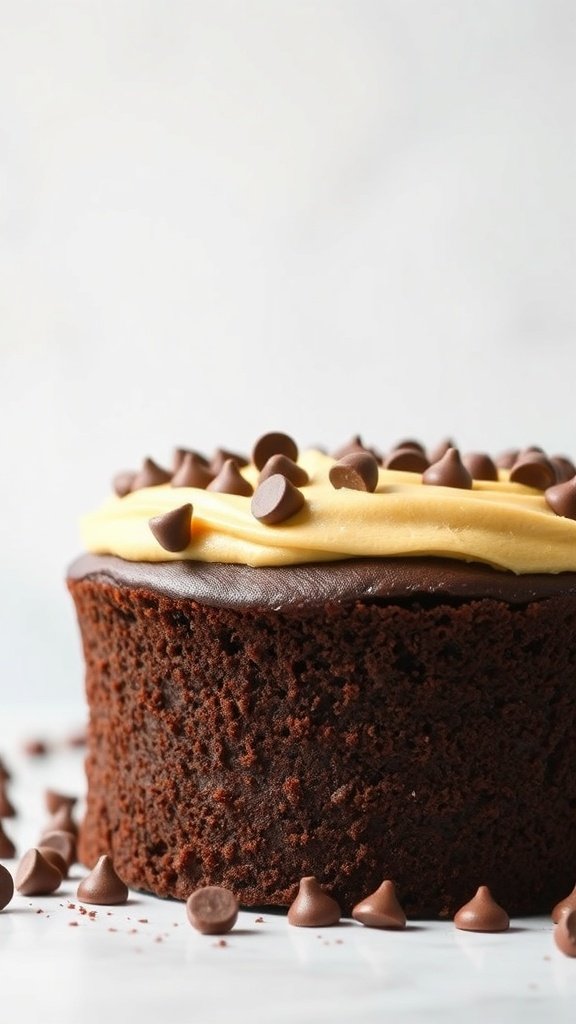 Chocolate cake topped with peanut butter frosting and chocolate chips