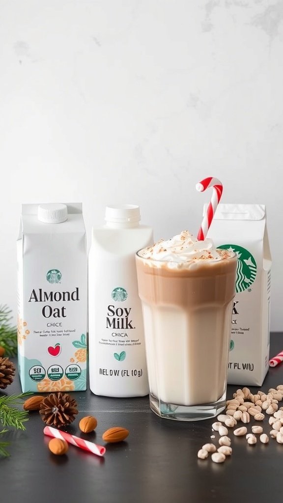A glass of peppermint mocha with whipped cream and a candy cane, surrounded by almond and oat milk cartons.