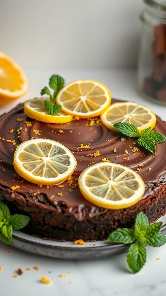 Chocolate cake topped with lemon slices and mint leaves