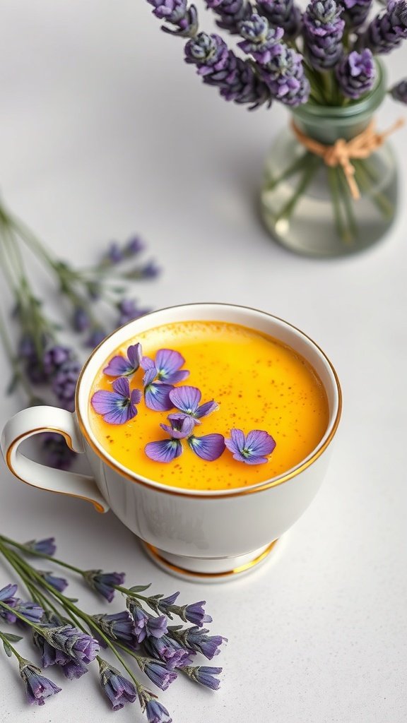 A cup of Lavender Golden Turmeric Latte garnished with flowers, next to a vase of lavender.