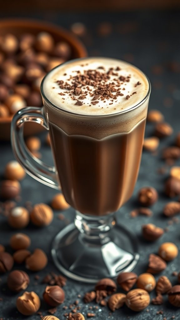 A creamy hazelnut mocha latte topped with chocolate shavings, surrounded by hazelnuts.