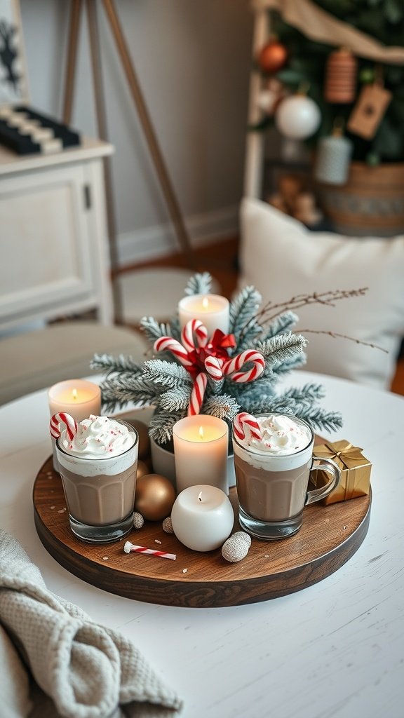 Two glasses of peppermint mocha topped with whipped cream and candy canes, surrounded by candles and holiday decorations.