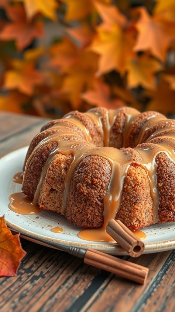Cinnamon coffee cake glazed with maple icing, surrounded by autumn leaves.