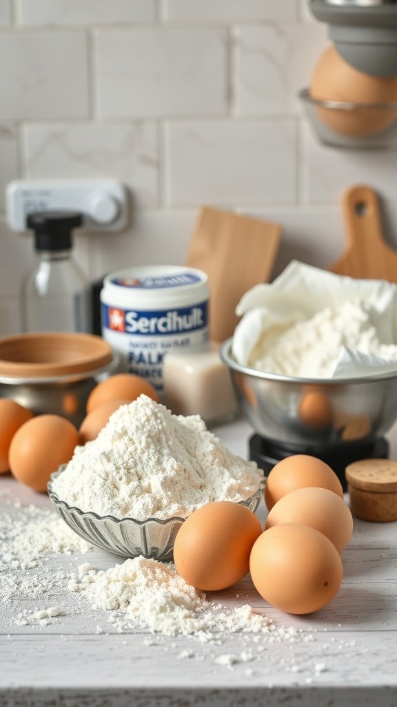 Ingredients for sour cream coffee cake including flour, eggs, and sour cream.