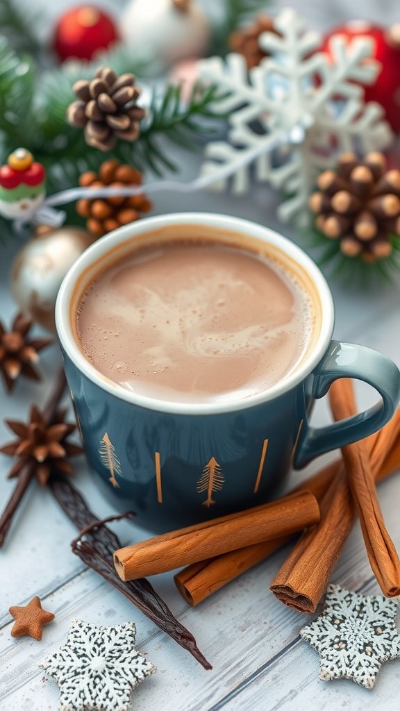 A cozy cup of vanilla and cinnamon hot chocolate surrounded by festive decorations.