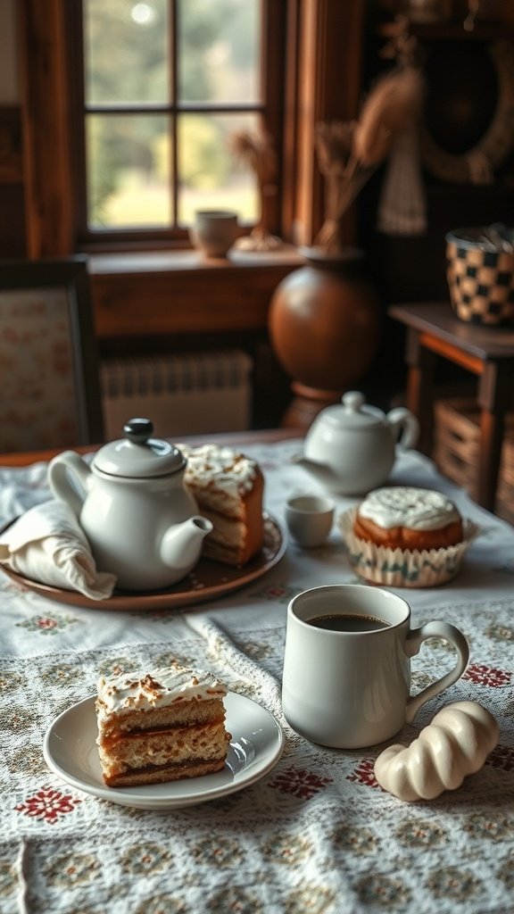 A cozy setting with sour cream coffee cake, coffee, and tea pots on a table.