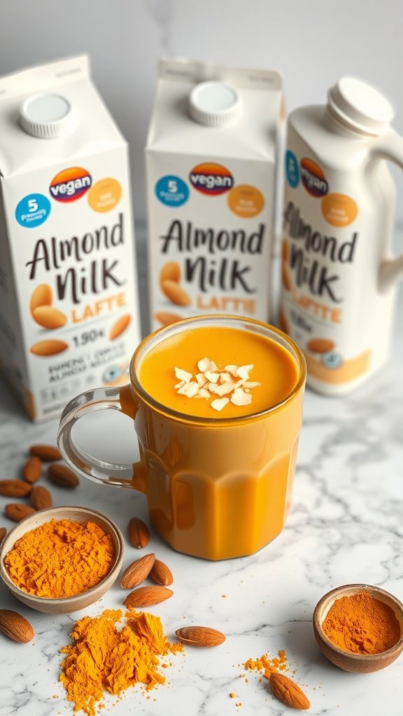A vegan golden turmeric latte in a glass mug with almond milk cartons and spices in the background.