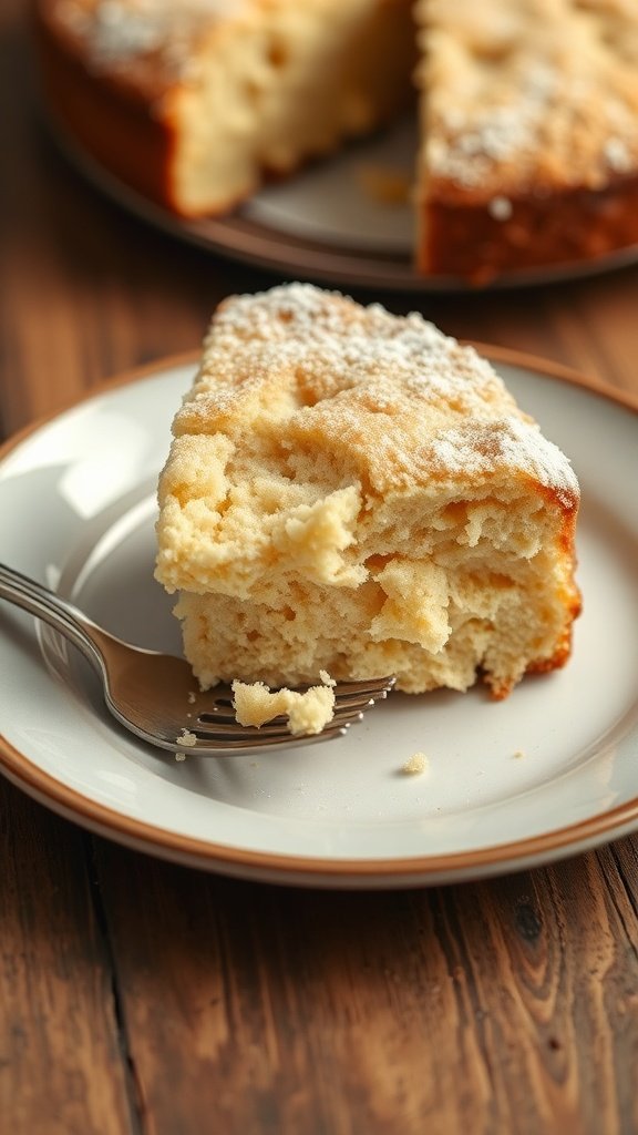 A slice of moist and buttery sour cream coffee cake on a plate with a fork.