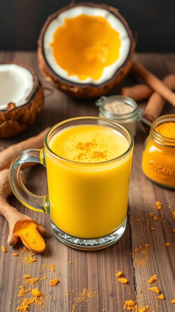 A golden turmeric latte in a glass mug, surrounded by coconut and spices.