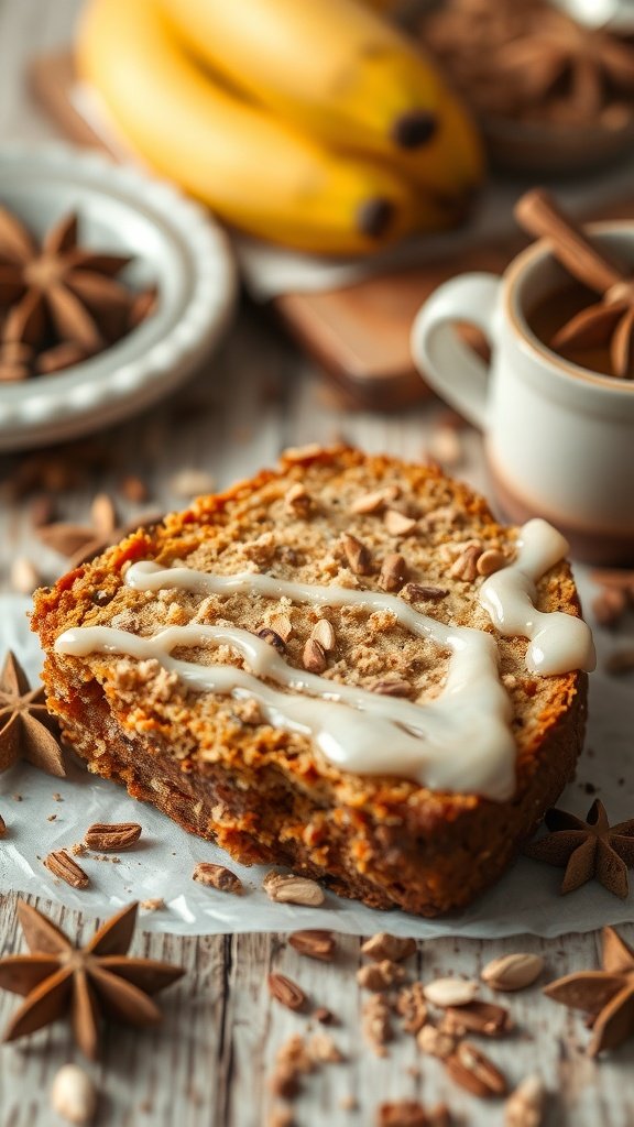 A slice of chai-spiced banana bread with icing, surrounded by bananas and spices.