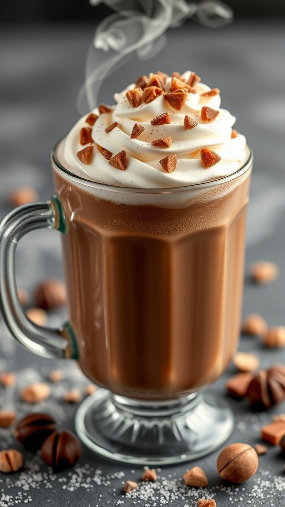 A creamy mocha latte topped with whipped cream and hazelnuts, surrounded by chocolate and hazelnut pieces.