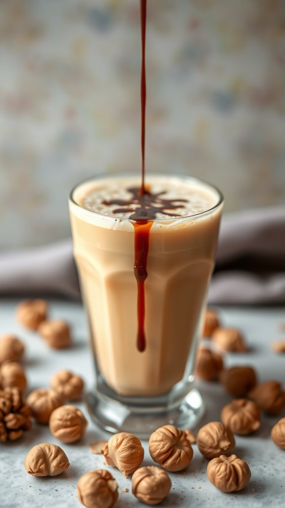A glass of golden turmeric latte with hazelnut syrup, surrounded by hazelnut candies.