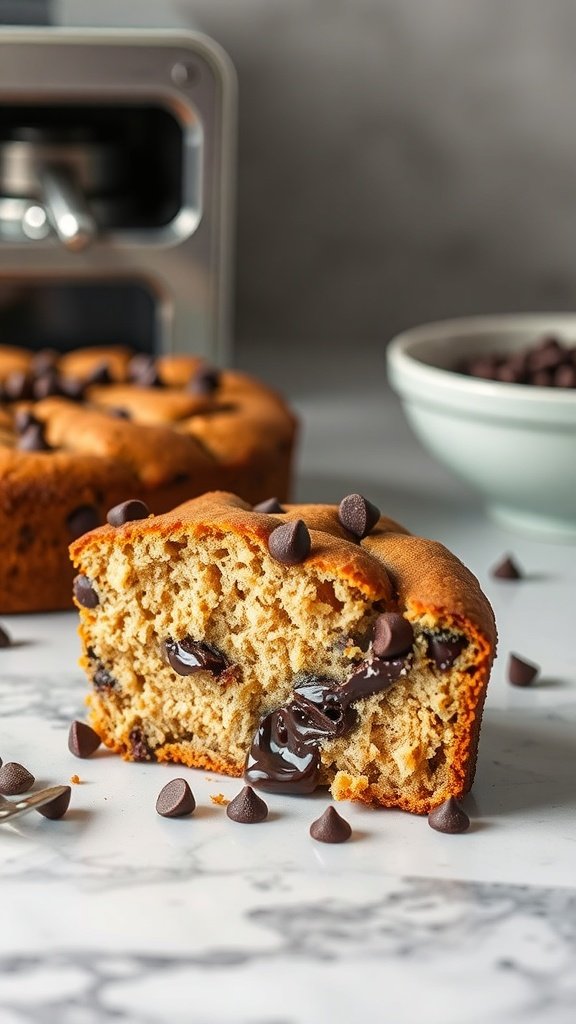 A slice of banana bread coffee cake with chocolate chips on a marble surface.