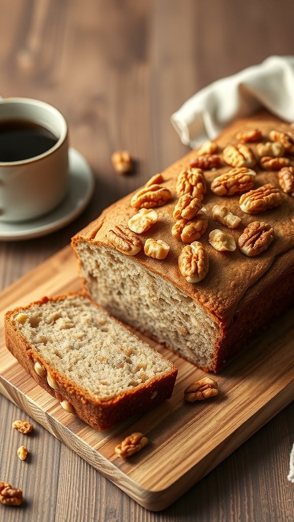 A loaf of banana nut coffee cake with a cup of coffee