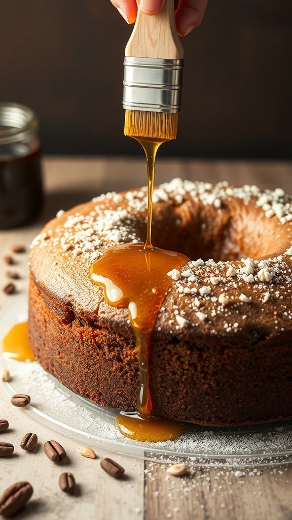 A hand brushing simple syrup onto a freshly baked coffee cake.