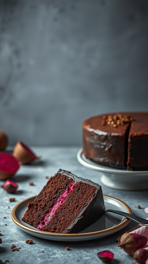 A slice of chocolate cake with beetroot filling on a plate, showcasing its rich texture.