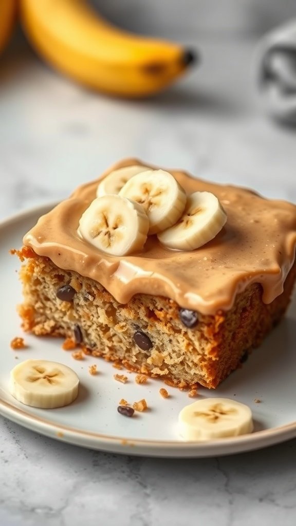 A slice of banana bread coffee cake topped with peanut butter frosting and banana slices.