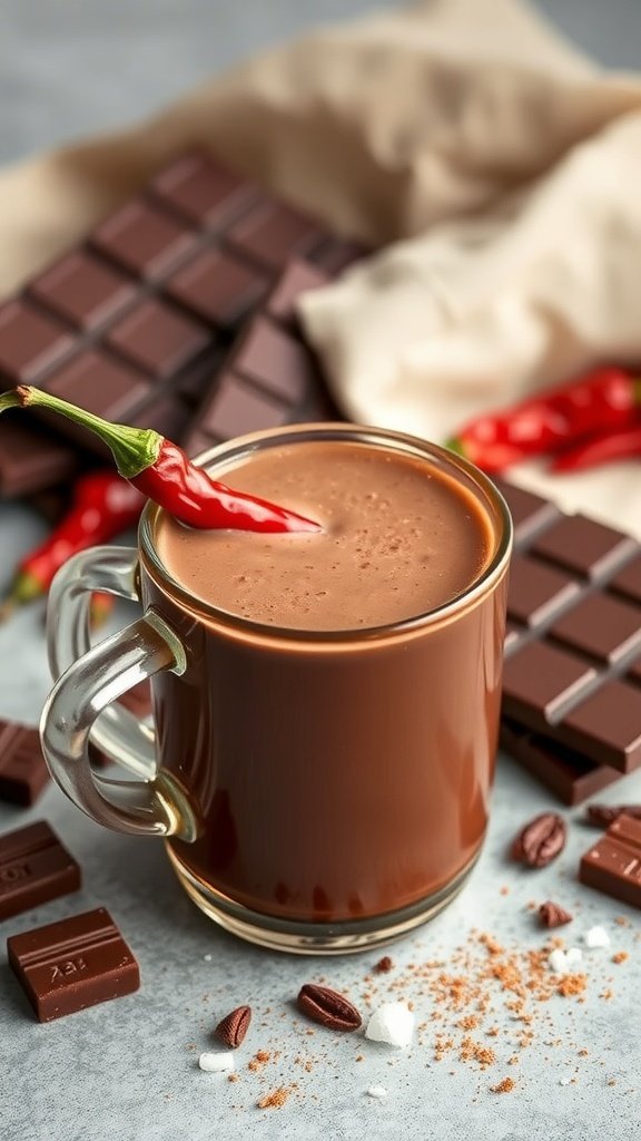 A mug of Chipotle Mexican Hot Chocolate with chocolate bars and a chili pepper in the background.