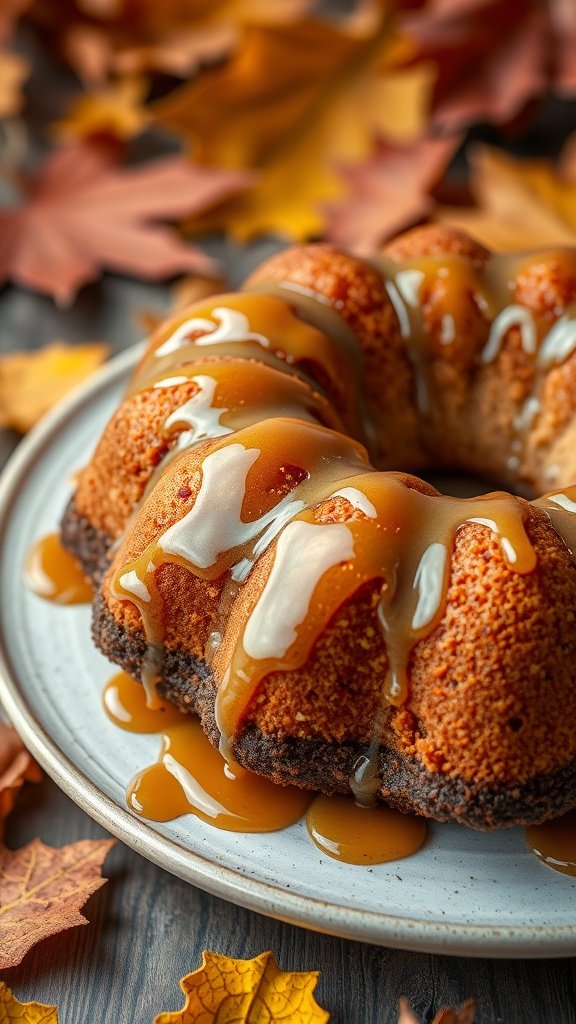Banana bread coffee cake with maple glaze on a plate surrounded by autumn leaves.