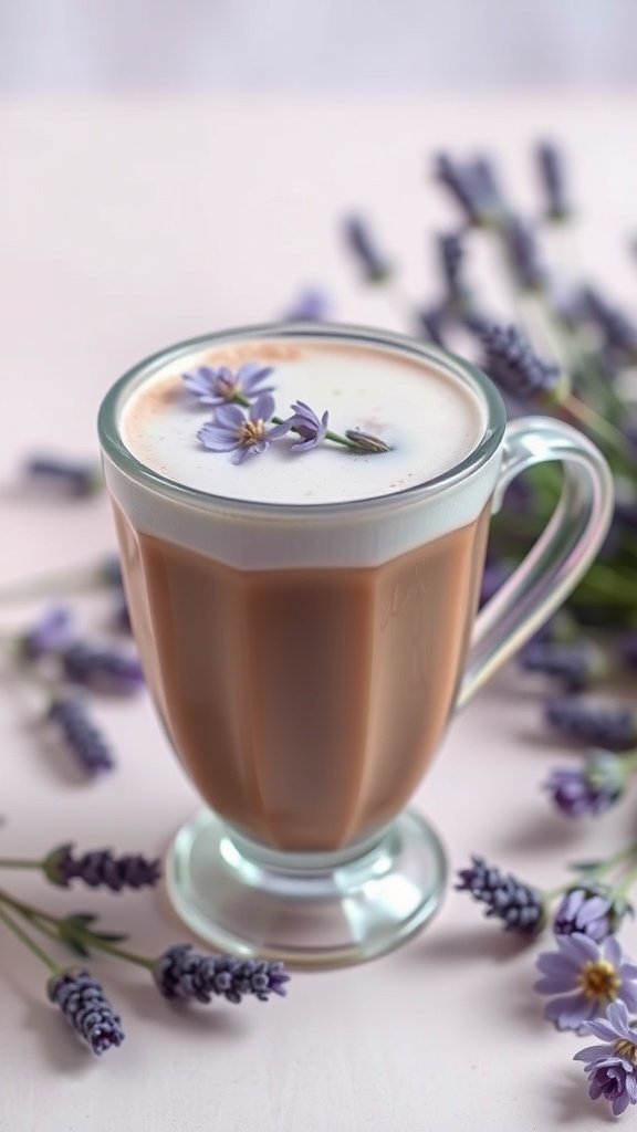 A Lavender Mocha Latte in a glass cup, garnished with lavender flowers, surrounded by fresh lavender sprigs.