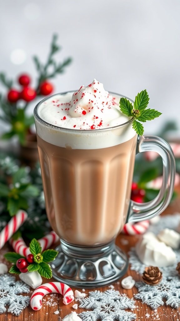 A delicious white chocolate peppermint mocha topped with whipped cream and mint leaves.