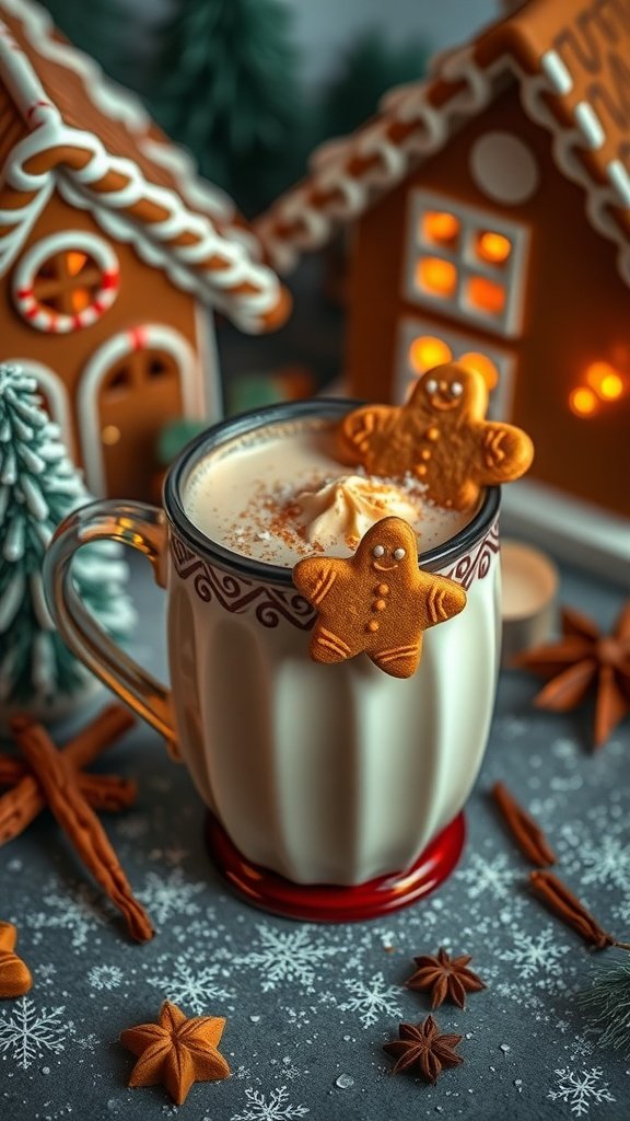 A festive Gingerbread Eggnog Latte topped with whipped cream and gingerbread cookies, surrounded by gingerbread houses and holiday decorations.