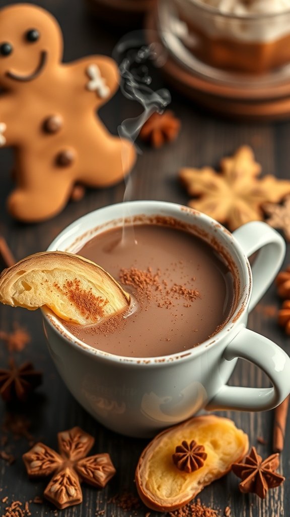 A steaming cup of ginger-spiced hot chocolate with a slice of dried fruit and gingerbread cookie in the background.