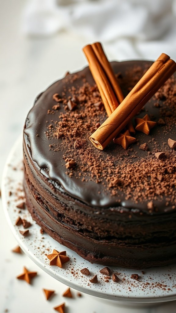 A beautifully decorated spiced chocolate cake topped with cinnamon sticks and chocolate shavings.
