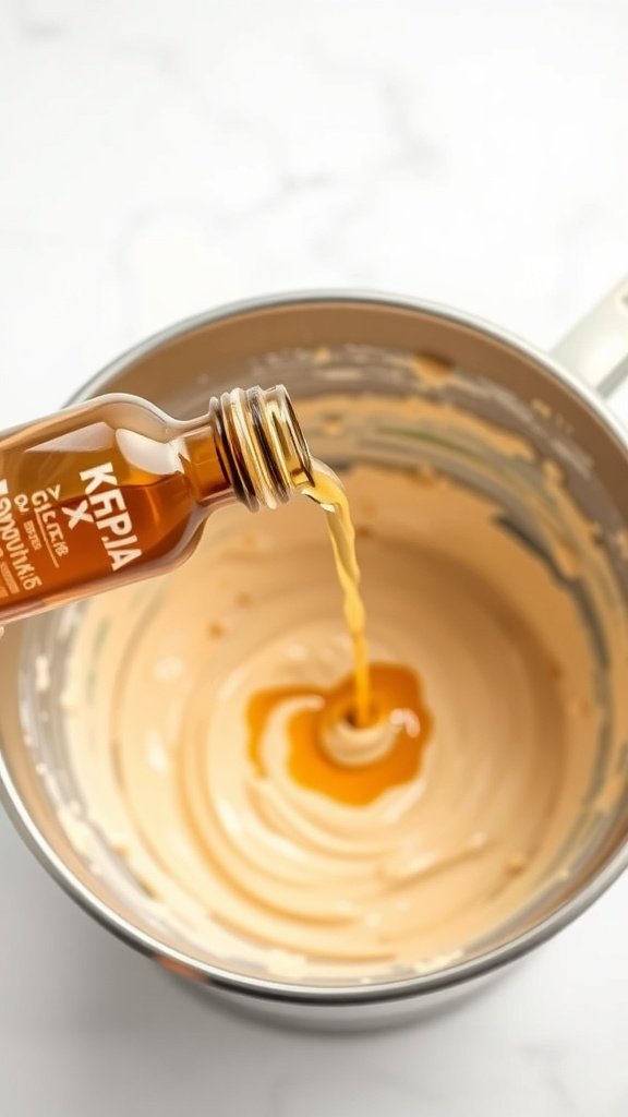 Bottle of vanilla extract being poured into a mixing bowl.