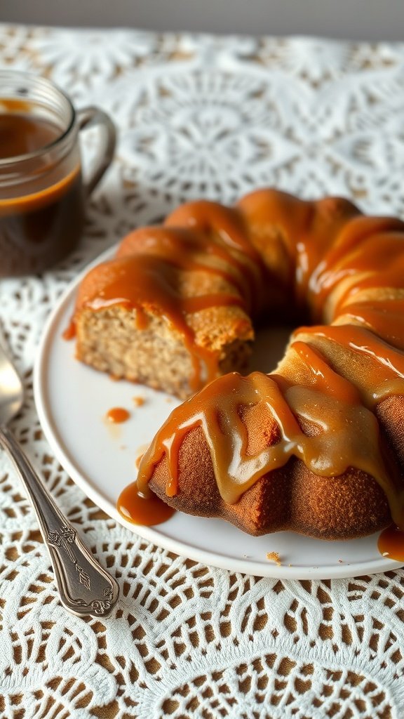 Banana bread coffee cake with caramel drizzle on a plate
