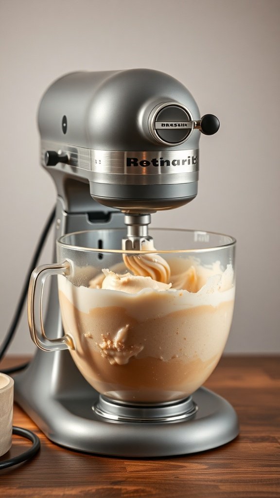 A stand mixer with a glass bowl filled with batter.
