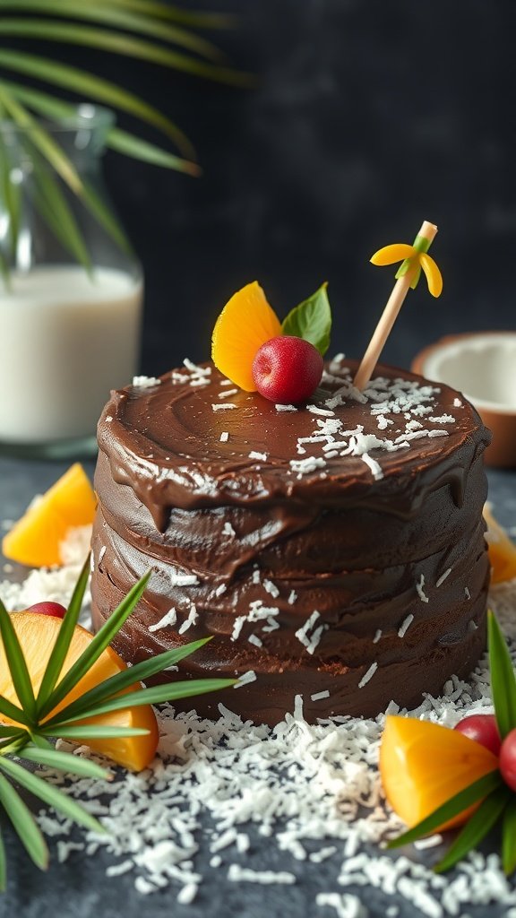 A beautifully decorated chocolate cake with coconut milk, garnished with fruits and coconut flakes.