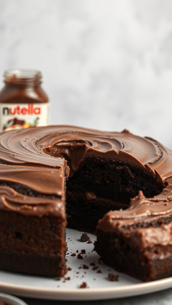 Chocolate cake with Nutella swirls and a slice cut out
