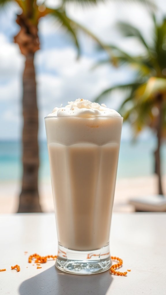 A refreshing Coconut Vanilla Latte with whipped cream and coconut flakes, set against a backdrop of palm trees and a beach.