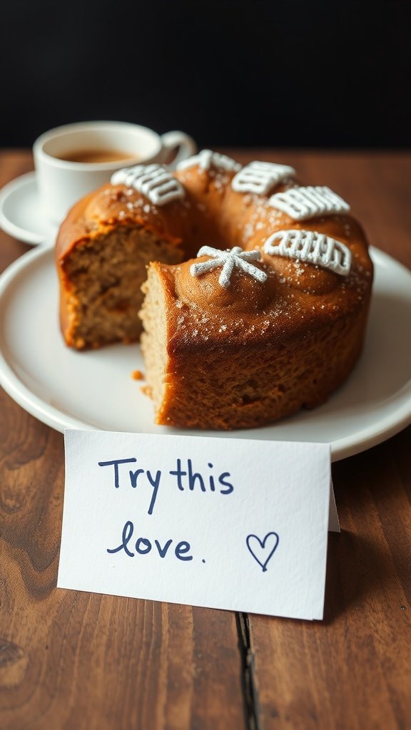 A delicious sour cream coffee cake with a slice cut out, resting on a white marble surface.